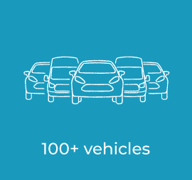 A sketched outline of a collection of cars and vans in front profile view illustrating fleets with 100+ vehicles