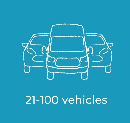 A sketched outline of a van in front profile with two cars behind it. Illustrating medium fleets with 21-100 vehicles