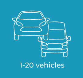 A sketched outline of a car and van in front profile view illustrating small fleets of 1-20 vehicles