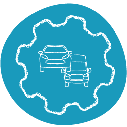 Sketch of a car and van inside a cog inside the Corparison brand blob to illustrate fleet management