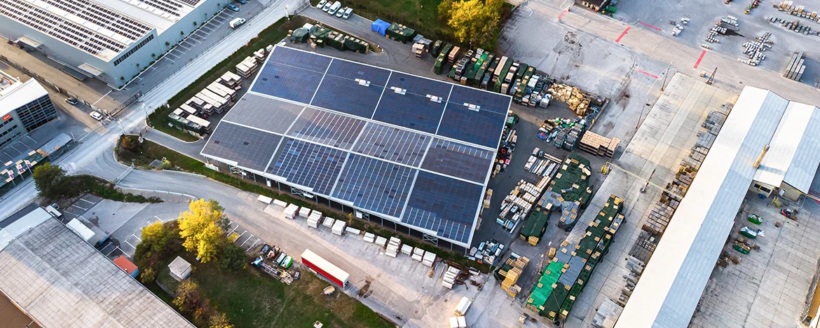 Commercial solar panels on a company's building's roof